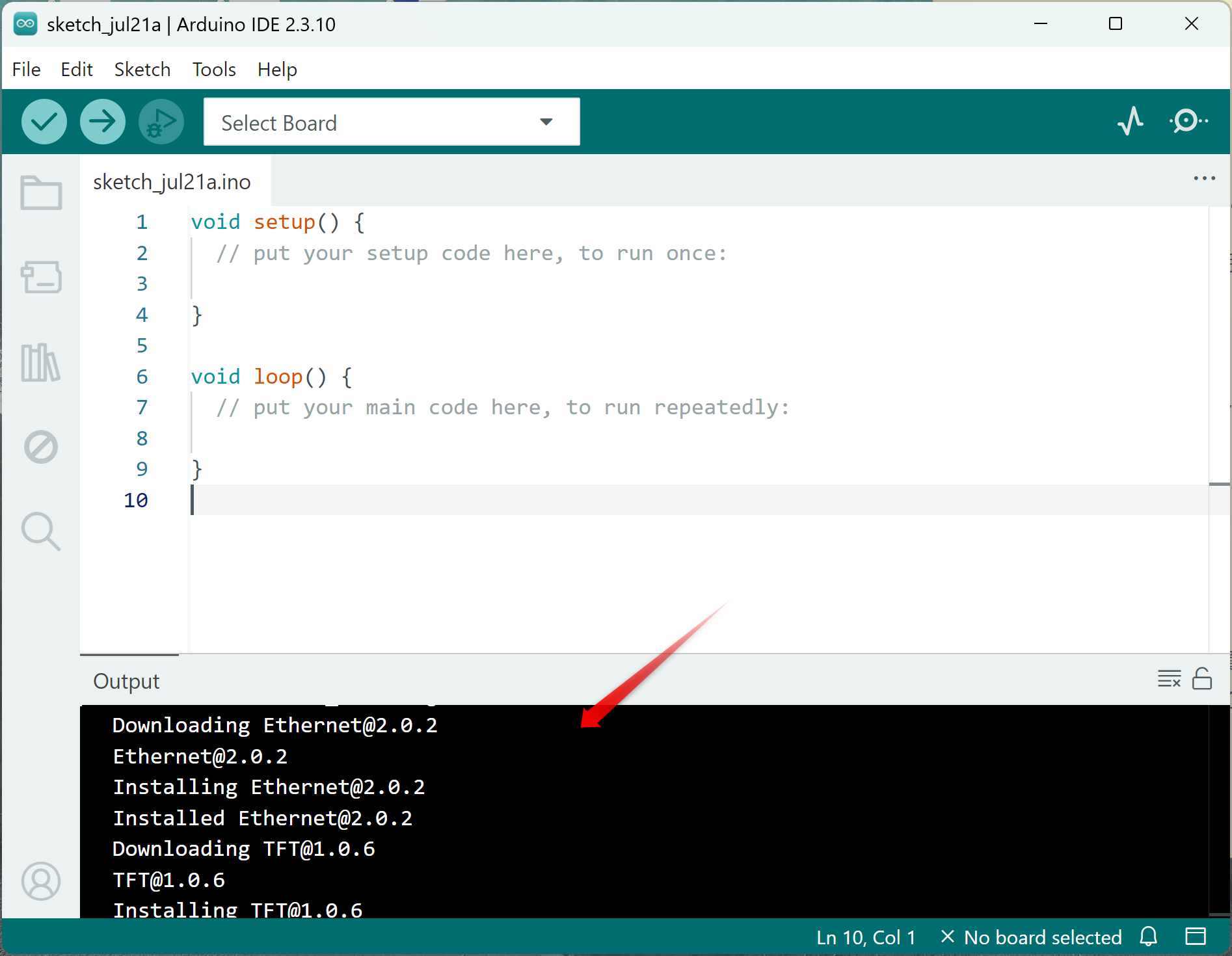 Arduino IDEが起動します。初回起動時は、必要なファイルのインストールが自動で行われる場合があります。完了するまで待ちます。